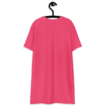 Pink t-shirt on a hanger, back view.