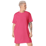 Woman in pink oversized t-shirt dress.