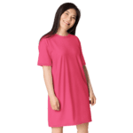 Woman wearing a pink t-shirt dress.