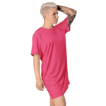 Woman in a pink oversized t-shirt.