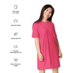 Woman in pink above-the-knee t-shirt dress.