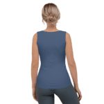 Woman in blue sleeveless shirt, back view.