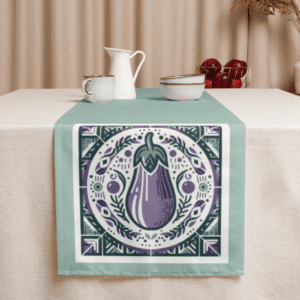 Green table runner with eggplant design.