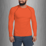 Man wearing an orange long-sleeve shirt.