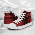 Red and black plaid high top sneakers.