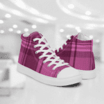 Pink plaid high top sneakers.