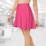 Woman wearing a pink skater skirt.