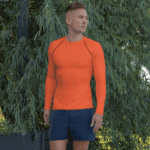 Man in orange long-sleeve shirt and shorts.