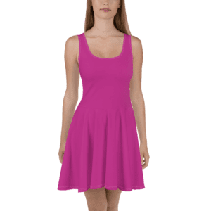 Woman wearing a pink skater dress.