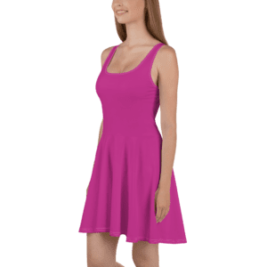 Woman in pink sleeveless skater dress.