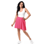 Woman in pink skirt and white tank top.
