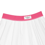 White skirt with pink waistband and logo.