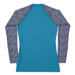 Blue long-sleeve shirt with floral sleeves.