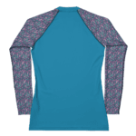 Blue long-sleeved shirt with floral print sleeves.