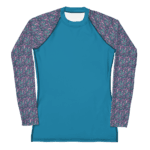 Blue long-sleeved shirt with floral pattern.