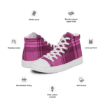 Pink plaid high-top canvas sneakers.