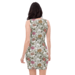 Woman wearing floral sleeveless dress.