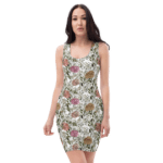 Woman wearing floral print sleeveless dress.