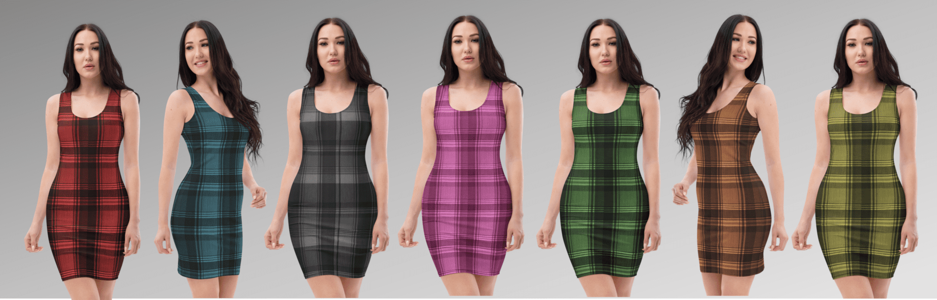 Seven women in plaid dresses.