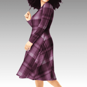 Woman wearing a purple plaid dress.