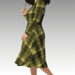 Woman wearing a green and yellow plaid dress.