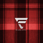 Red and black plaid with logo.