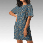 Woman wearing a blue patterned t-shirt dress.