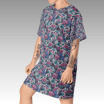 Person wearing a floral print t-shirt dress.