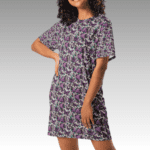 Woman wearing a purple butterfly dress.