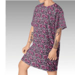 Person wearing a floral print t-shirt dress.