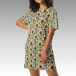 Woman wearing sunflower print dress.