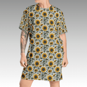 Person wearing a sunflower print dress.