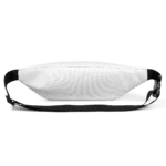 White fanny pack with black strap.