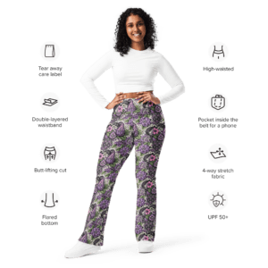 Woman wearing floral print flared pants.