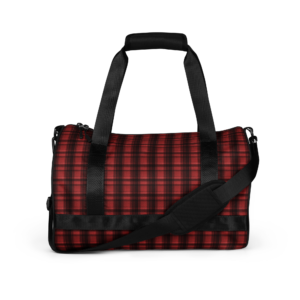 Red and black plaid duffel bag.