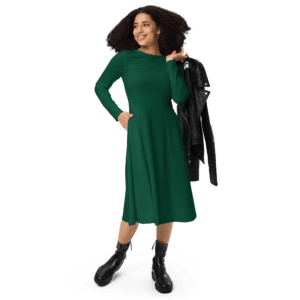 Woman in green dress and black boots.