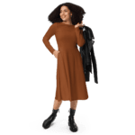 Woman in brown dress and black boots.