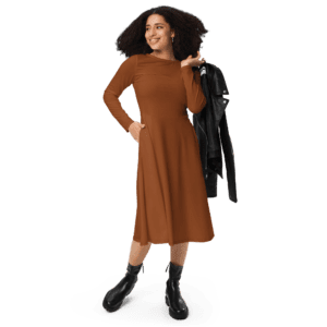 Woman in brown dress and black boots.