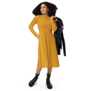 Woman in yellow dress with black jacket.