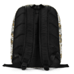 Black backpack with white and yellow pattern.