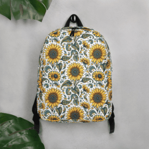 White sunflower backpack with green leaves.