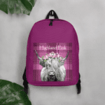 Pink plaid backpack with highland cow