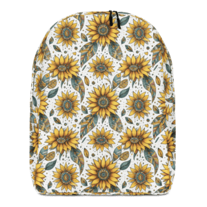 White backpack with sunflower pattern.