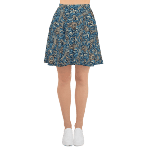 Woman wearing a blue floral skater skirt.