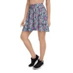 Woman wearing a floral print skater skirt.