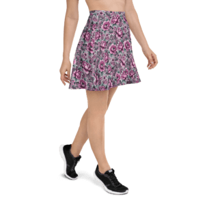 Woman wearing a floral skater skirt.