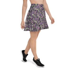 Woman wearing a floral print skater skirt.