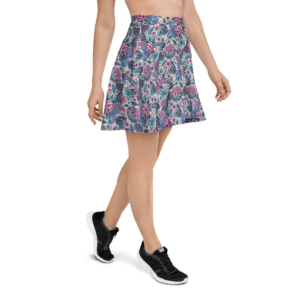 Woman wearing a floral skater skirt.