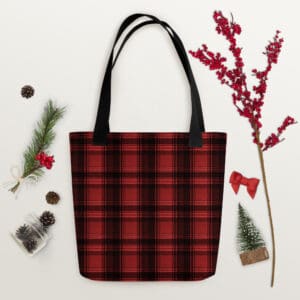 Red and black plaid tote bag.