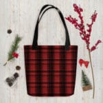 Red and black plaid tote bag.